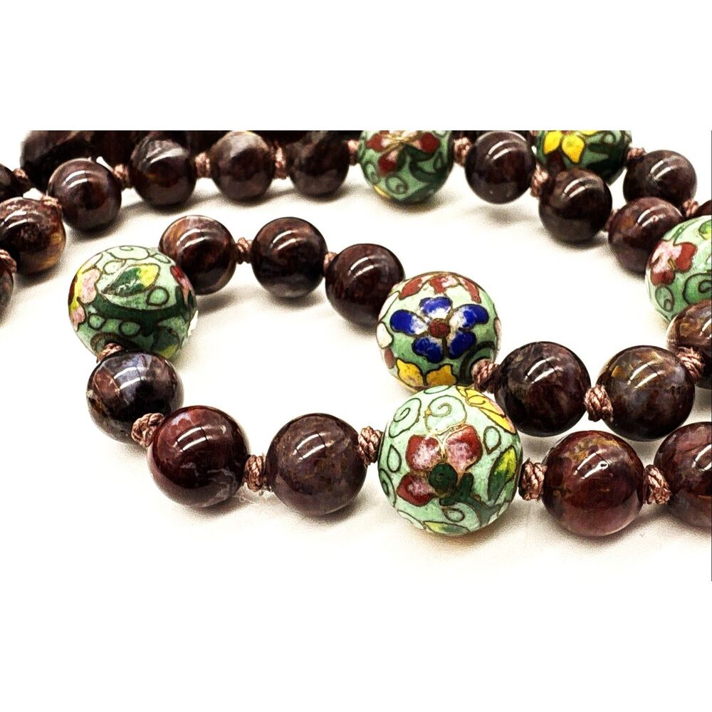 Vintage Agate Cloisonne Bead Necklace Chinese export hand knotted sterling clasp